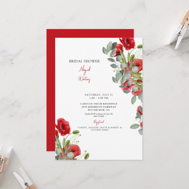 Invitation Fête des mariées florale rouge Eucalyptus dynamiqu (Devant/Arrière en situation)