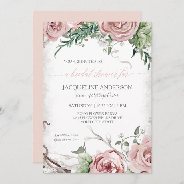 Invitation Fête des mariées florale rustique BOHO Aquarelle b (Devant / Derrière)