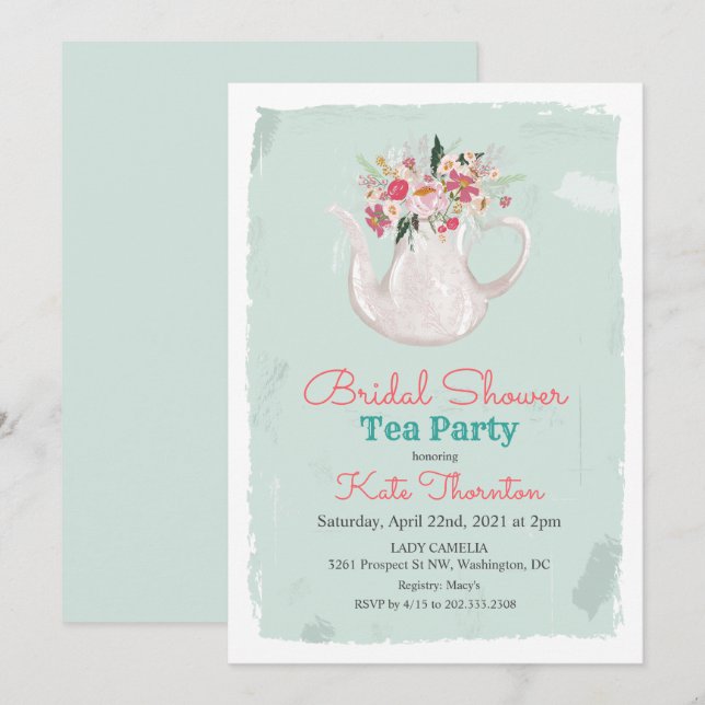 Invitation Fête des mariées Florale Teapot Tea Party (Devant / Derrière)