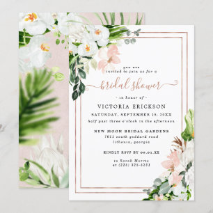 Invitation Fête des mariées florale tropicale rose et blanc