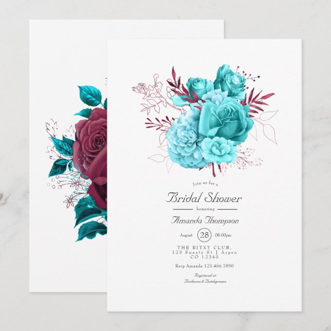 Invitation Fête des mariées florale Turquoise et Bourgogne In (Devant / Derrière)