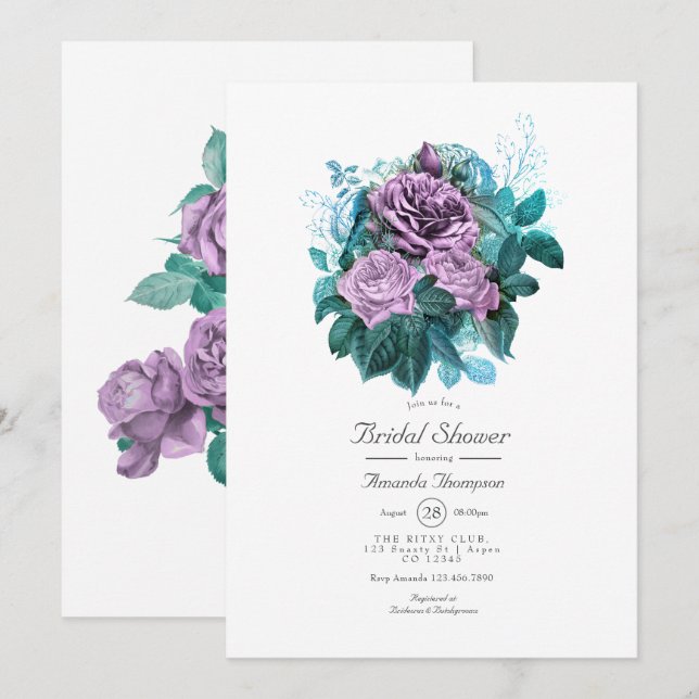 Invitation Fête des mariées florale Turquoise et Lavande (Devant / Derrière)