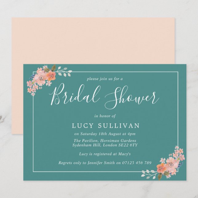 Invitation Fête des mariées florale turquoise et pêche (Devant / Derrière)