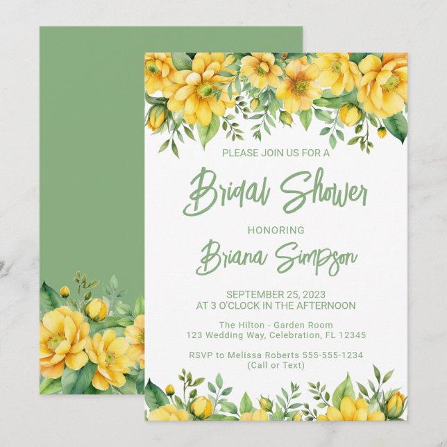 Invitation Fête des mariées florale verte de Sage jaune (Devant / Derrière)