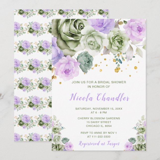 Invitation Fête des mariées florale verte et violette Sage (Devant / Derrière)
