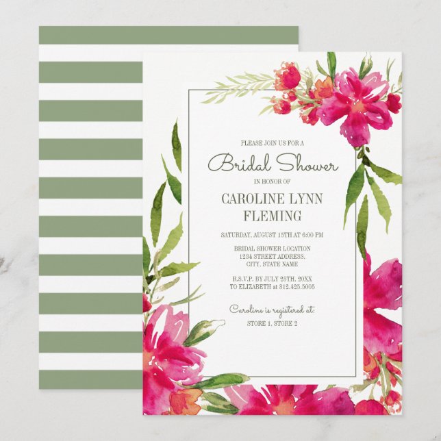 Invitation Fête des mariées florale verte romantique Fuchsia (Devant / Derrière)