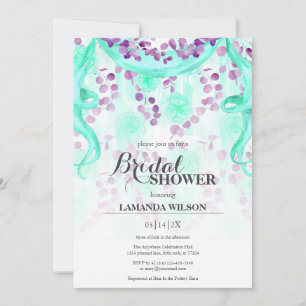 Invitation Fête des mariées florale violet et bannière Turquo