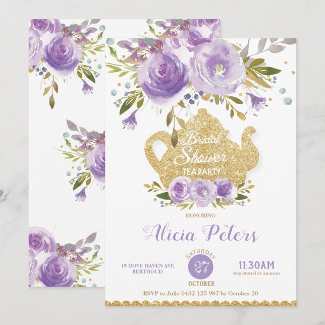 Invitation Fête des mariées Florale violet High Tea Garden Pa (Devant / Derrière)