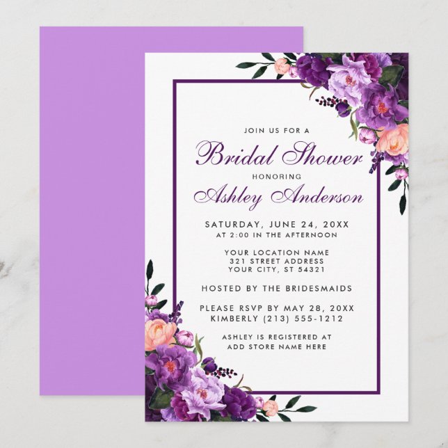 Invitation Fête des mariées florale violet ultra violet Invit (Devant / Derrière)