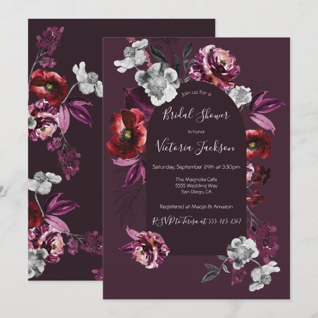 Invitation Fête des mariées Flore Foncé & Moody Profonde De B (Devant / Derrière)