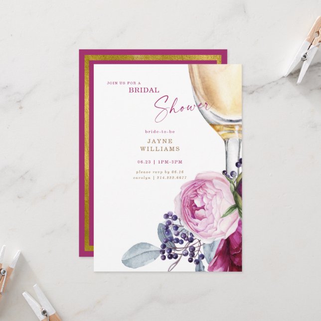 Invitation Fête des mariées Fuschia & Gold Elegant (Devant/Arrière en situation)