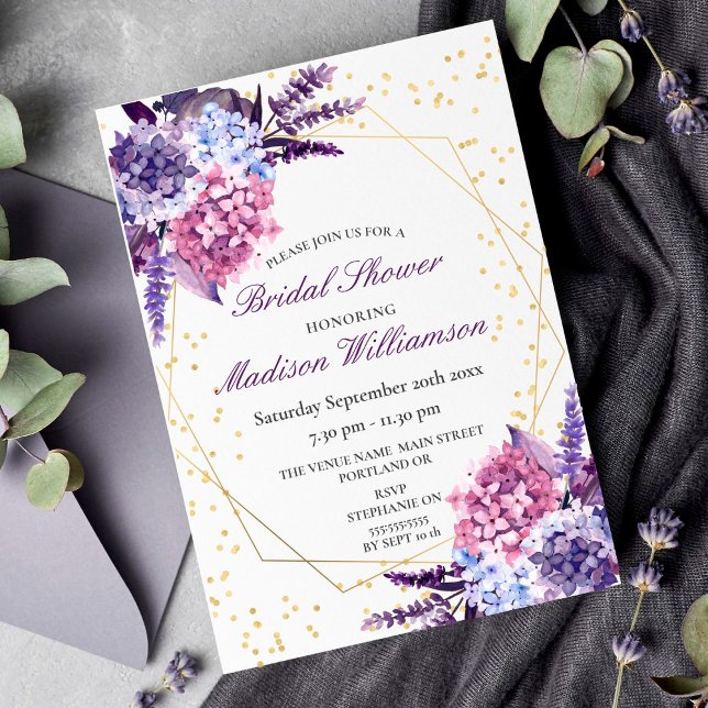 Invitation Fête des mariées géométrique Lavender Floral Gold (Créateur téléchargé)