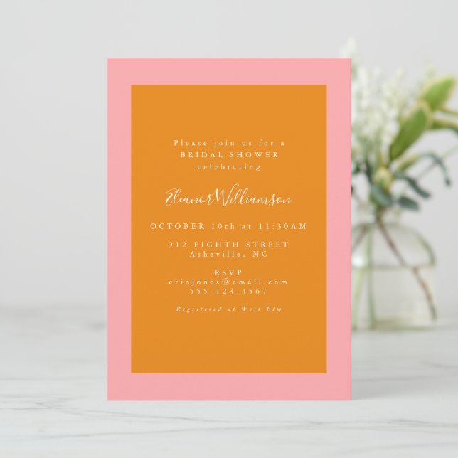 Invitation Fête des mariées géométrique moderne rose et orang (Debout devant)