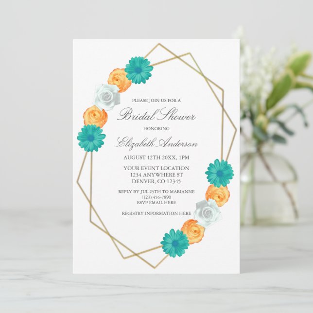 Invitation Fête des mariées géométrique Turquoise orange (Debout devant)