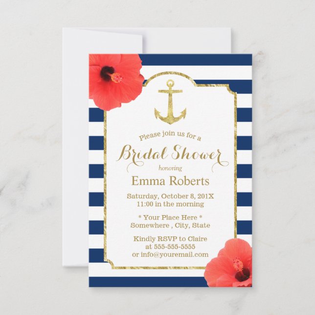 Invitation Fête des mariées Gold Ancre Nautique Marine Stripe (Devant)
