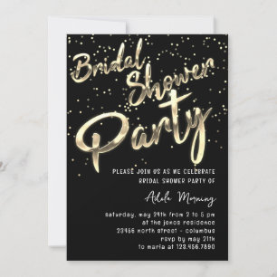 Invitation Fête des mariées Gold Confetti Script noir blanc
