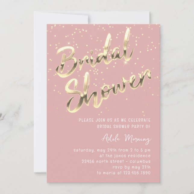 Invitation Fête des mariées Gold Confetti Script Rose Rose Po (Devant)