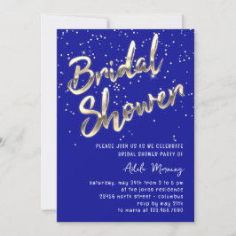 Invitation Fête des mariées Gold Confetti Script Royal Blue