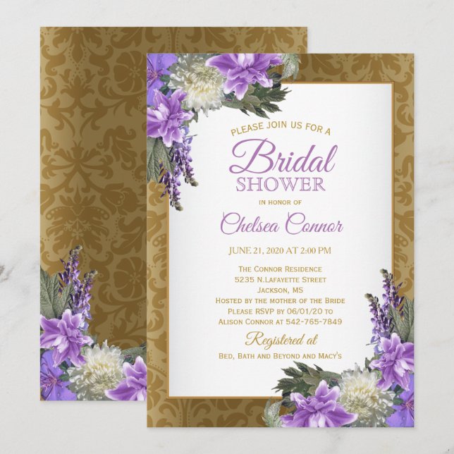 Invitation Fête des mariées - Gold Damask & Lavender Purple (Devant / Derrière)