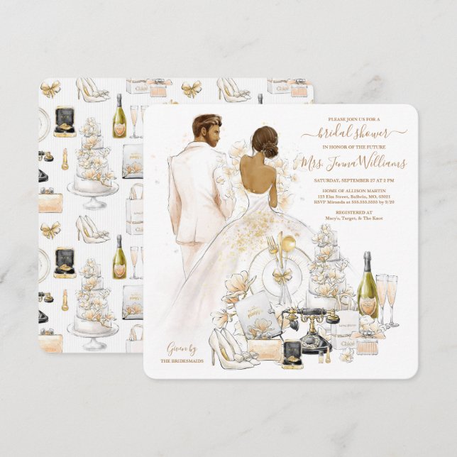 Invitation Fête des mariées Gold Magnolia Dark Bride (Devant / Derrière)