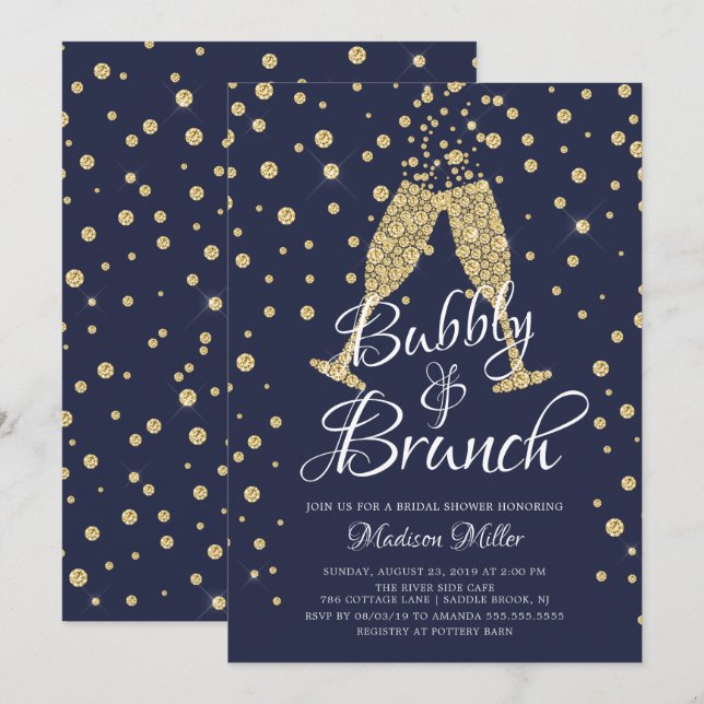 Invitation Fête des mariées Gold & Navy Bubbly & Brunch (Devant / Derrière)