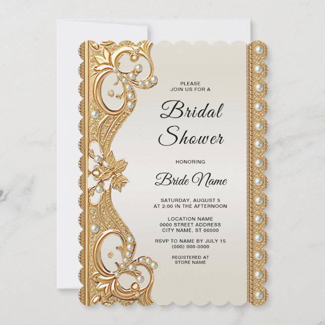 Invitation Fête des mariées Gold Ornate White Pearls (Devant)