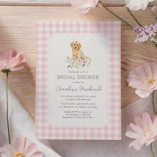 Invitation Fête des mariées Golden Retriever En vichy rose