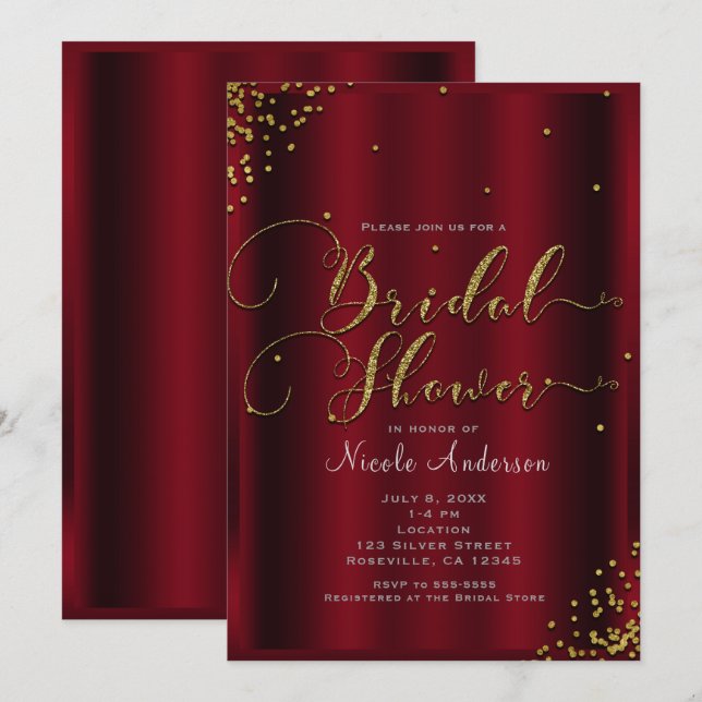 Invitation Fête des mariées Gras Coins Confetti Rouge & Or (Devant / Derrière)