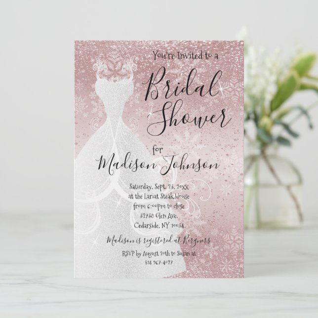 Invitation Fête des mariées hiver neige - Rose Gold (Debout devant)