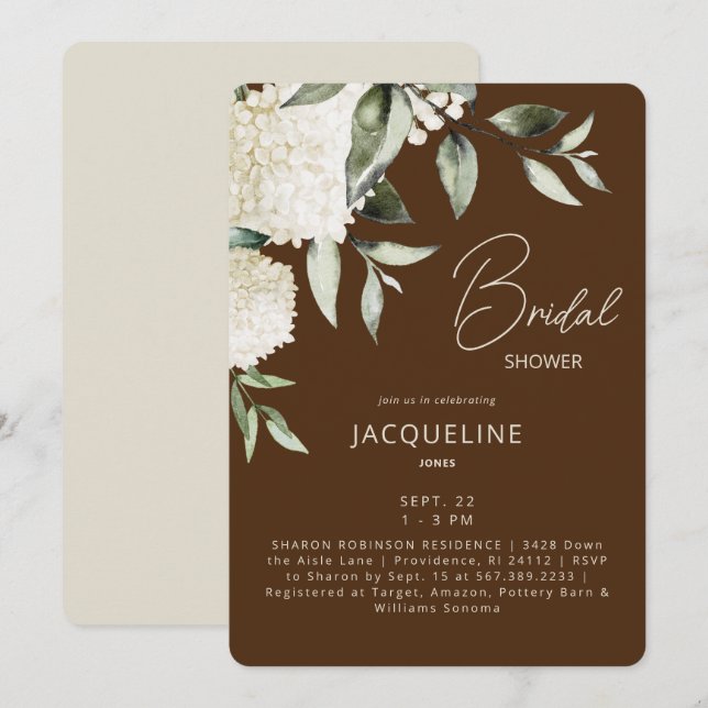 Invitation Fête des mariées Hydrangeas Brown et crème blanche (Devant / Derrière)