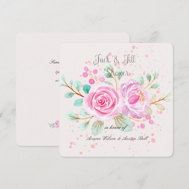 Invitation Fête des mariées Jack et Jill Aquarelle Roses rose (Devant / Derrière)