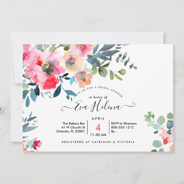 Invitation Fête des mariées, Jardin aquarelle Roses, Rouge Om (Devant)