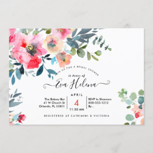 Invitation Fête des mariées, Jardin aquarelle Roses, Rouge Om