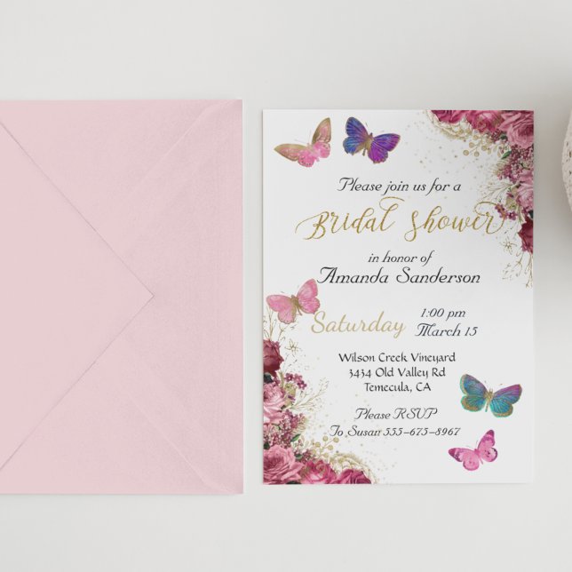Invitation Fête des mariées Joli Chic Floral Papillon rose (Créateur téléchargé)