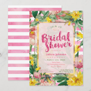Invitation Fête des mariées   Joli jaune rose floral+rayures
