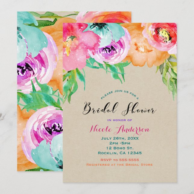 Invitation Fête des mariées Kraft Brown florale moderne (Devant / Derrière)