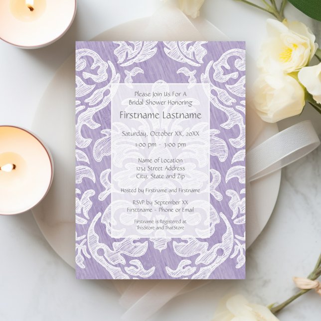 Invitation Fête des mariées Lavender Moderne Damask (Bridal Shower Invitation - lavender and white lace print)