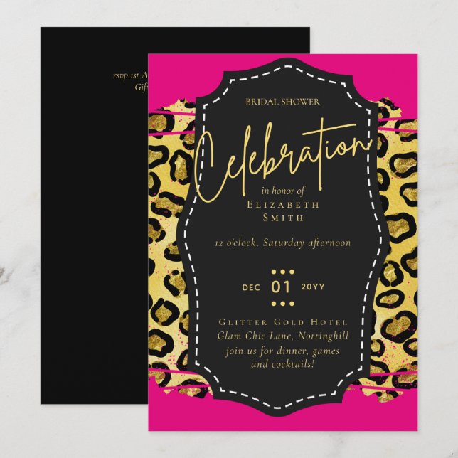 Invitation Fête des mariées LeahG Glam Chic Animal Or rose no (Devant / Derrière)