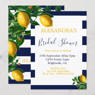 Invitation Fête des mariées Lemons Marine White Stripe Élégan
