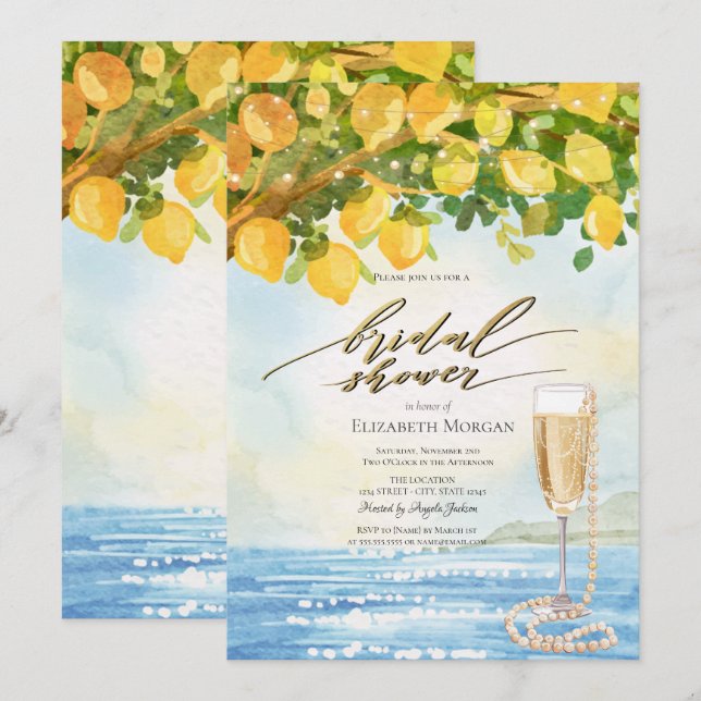 Invitation Fête des mariées Lemons Sea Prosecco & Pearls (Devant / Derrière)
