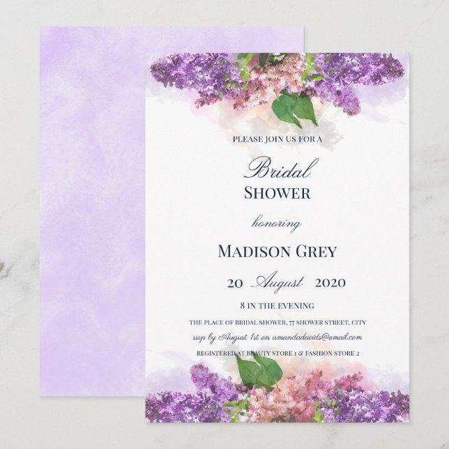 Invitation Fête des mariées Lilacs d'aquarelle violet et rose (Devant / Derrière)