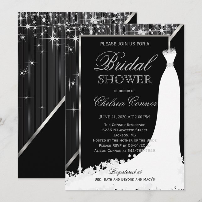 Invitation Fête des mariées - Lumières Black et Silver Star (Devant / Derrière)