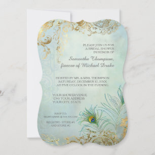Invitation Fête des mariées Luxe Gold Peacock Feathers Élégan