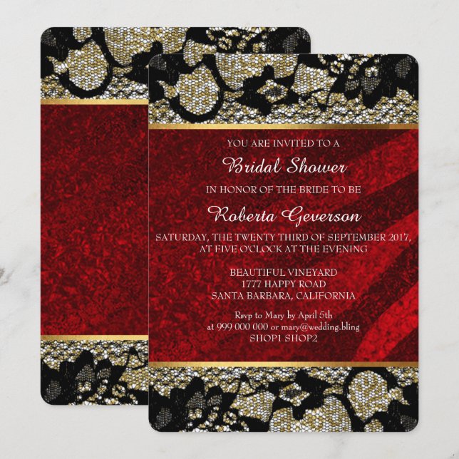 Invitation Fête des mariées Luxe Or Rouge noir dentelle brill (Devant / Derrière)