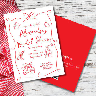 Invitation Fête des mariées main tiré rouge blanc Whimsical
