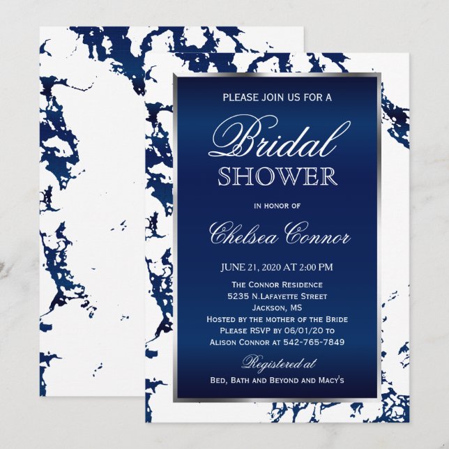 Invitation Fête des mariées - Marbre bleu marine, blanc et ar (Devant / Derrière)