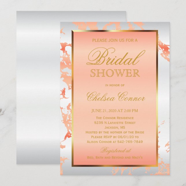 Invitation Fête des mariées - Marbre de Pêche, Blanc & Or (Devant / Derrière)