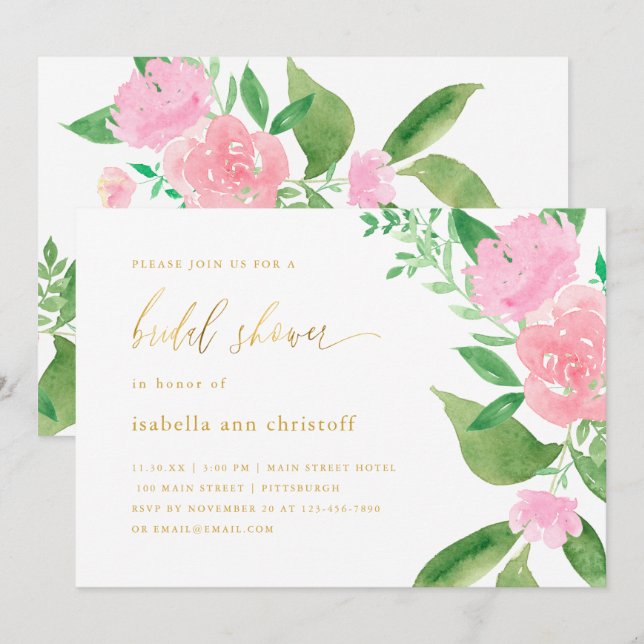 Invitation Fête des mariées Mariage de fleurs roses et callig (Devant / Derrière)