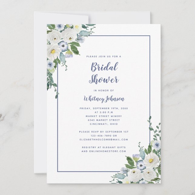 Invitation Fête des mariées mariage Elégant Floral Bleu Blanc (Devant)