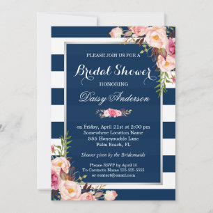 Invitation Fête des mariées mariage Floral Silver Navy rayure